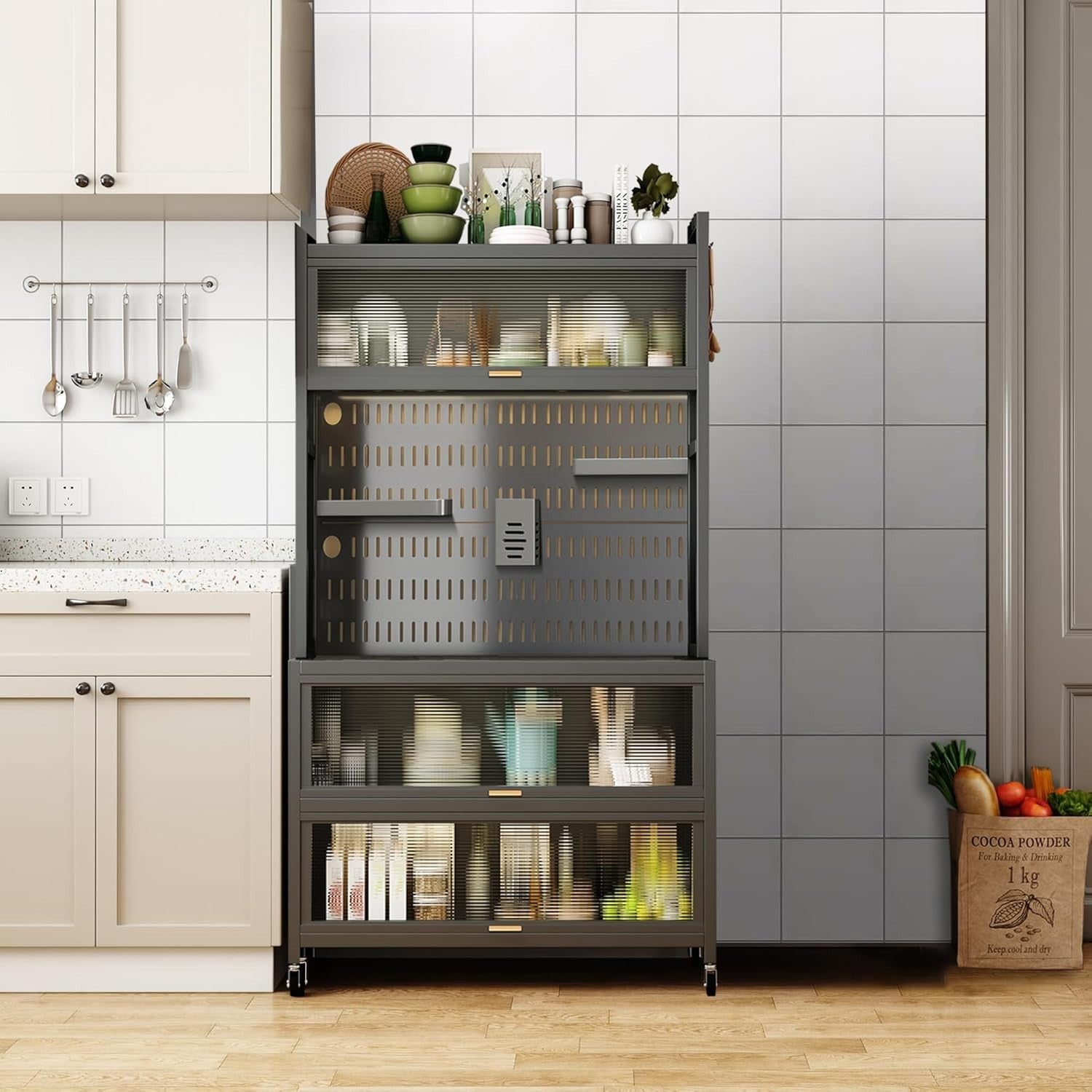 80x36x162cm 5-Tier Black Kitchen Storage Cabinet with Flip Door & Wheels