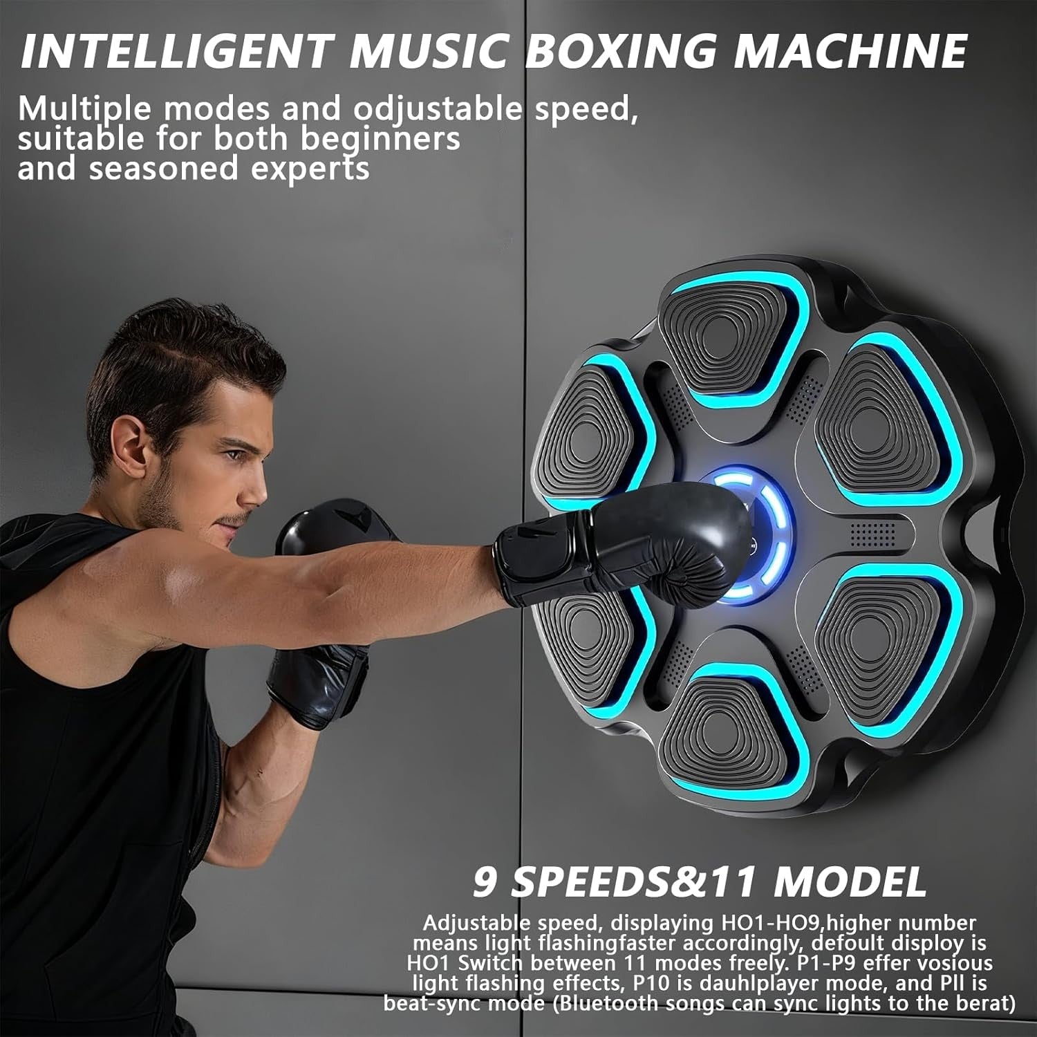 Music Boxing Machine 9 Speed LED Punch Trainer Bluetooth Wall Mounted Gloves