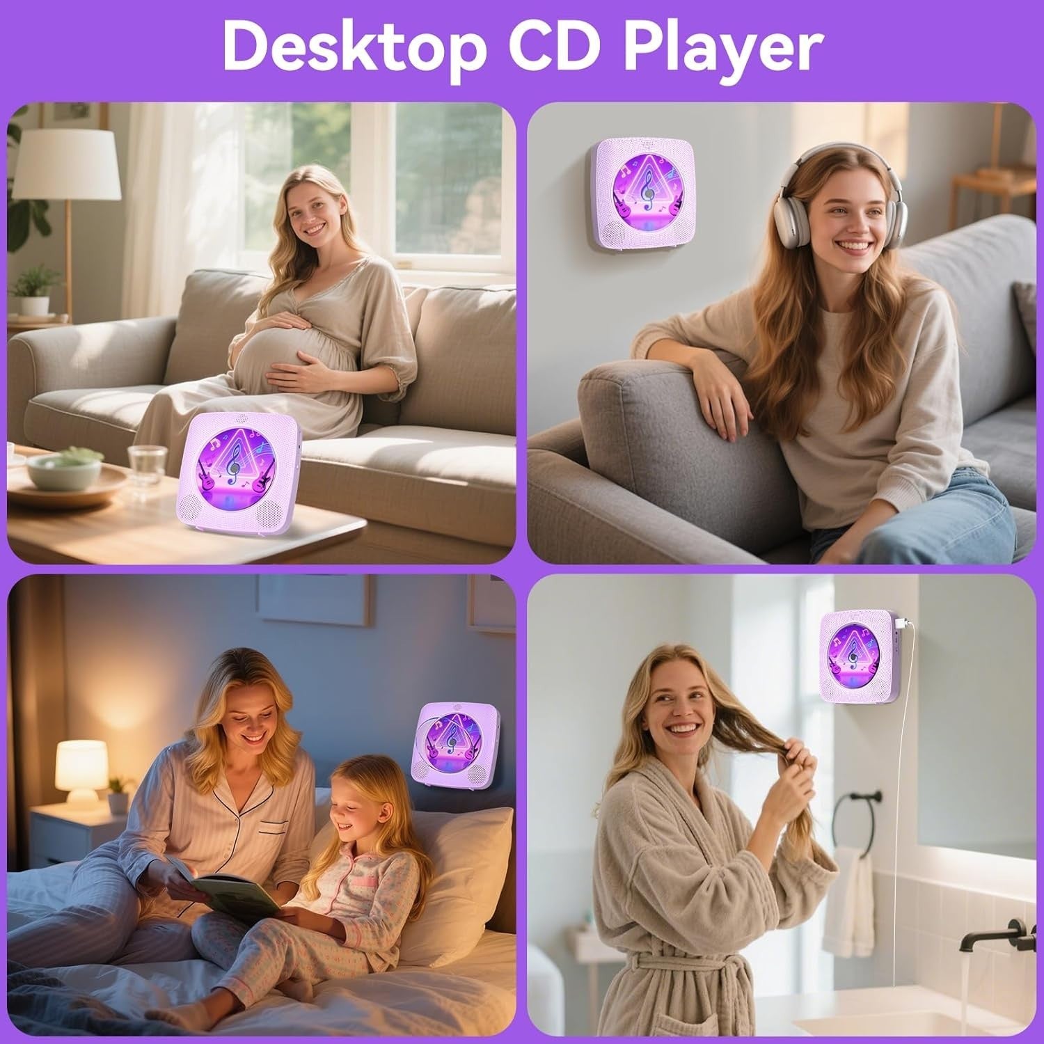 Portable CD Player Bluetooth Speakers FM Radio USB AUX Remote Purple
