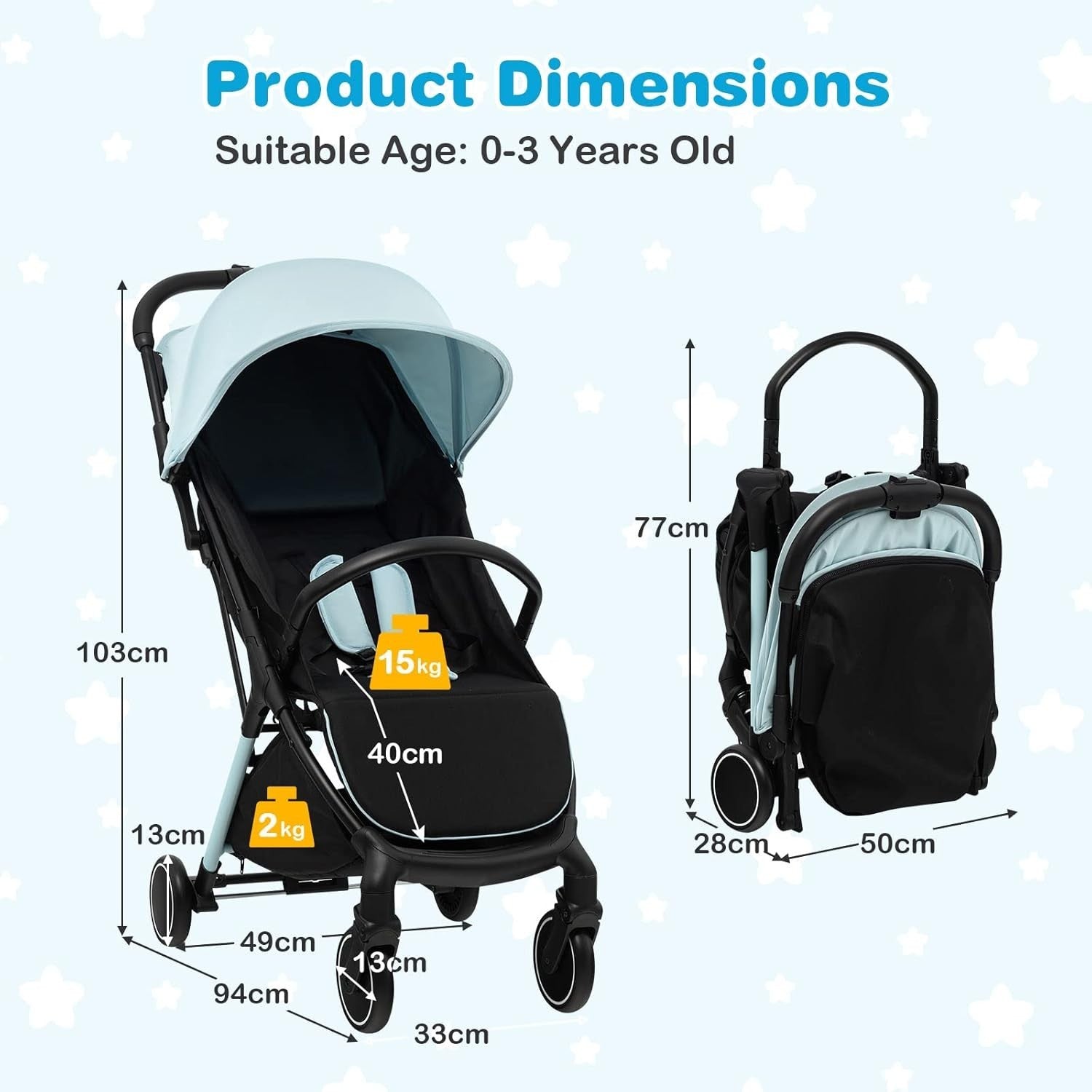 Blue Baby Stroller One Hand Fold Lightweight Travel Buggy 5 Point