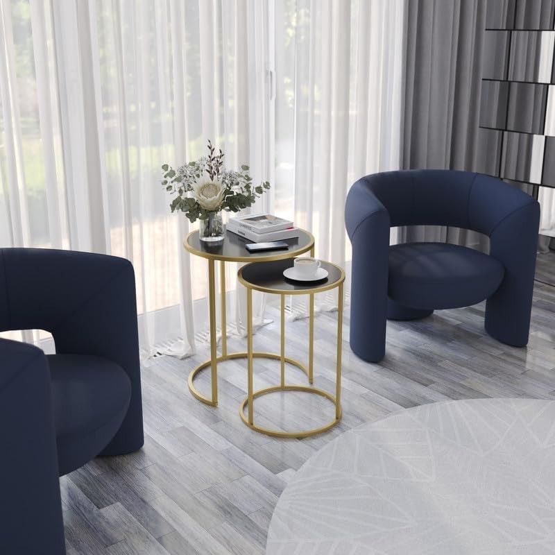 Nesting Coffee Tables Set of 2 Round Tempered Glass Gold Metal Living Room
