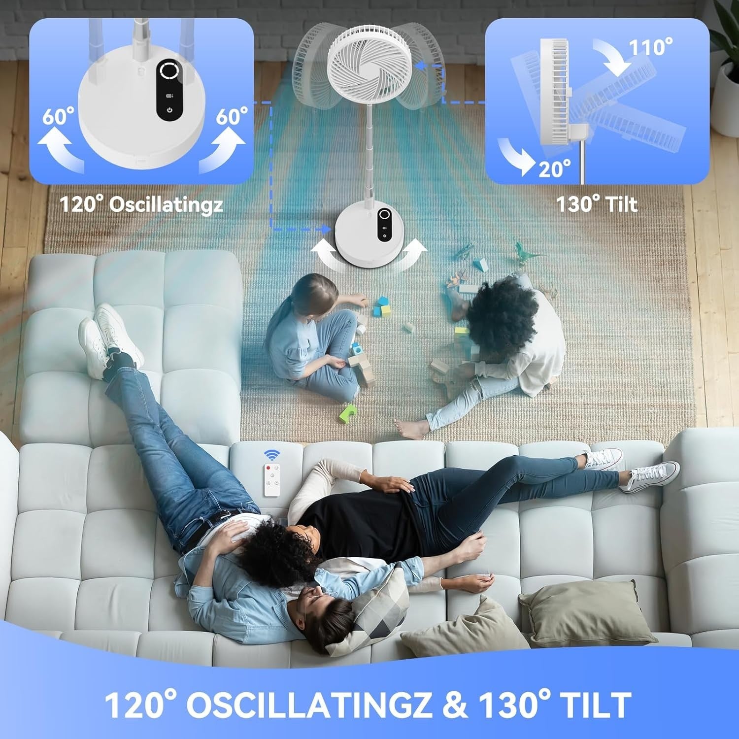 9.5" Portable Standing Fan – Rechargeable Folding Desk & Floor Fan White 4 Speed