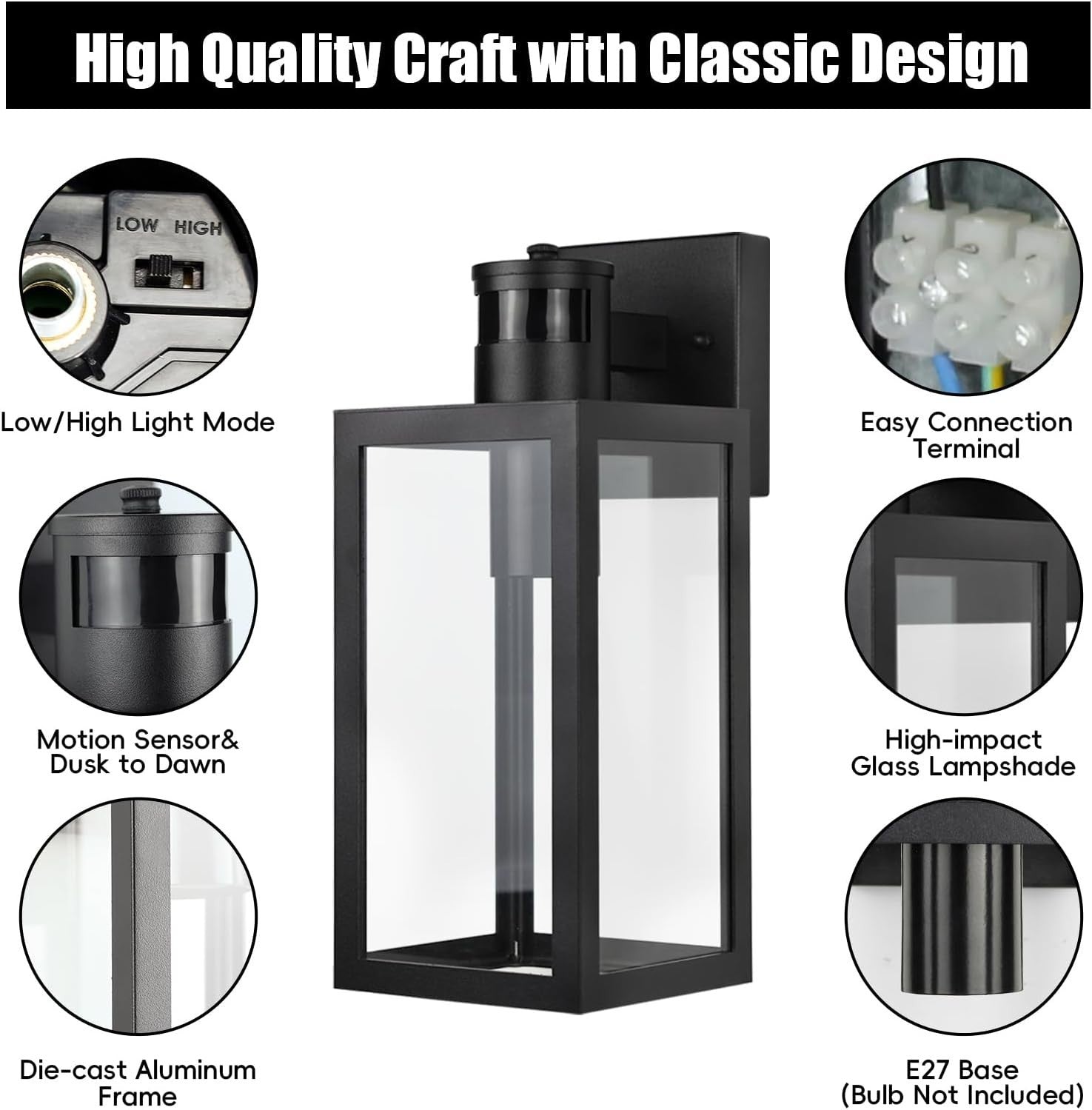 Outdoor Motion Sensor Wall Light Black | Dusk to Dawn Energy Saving