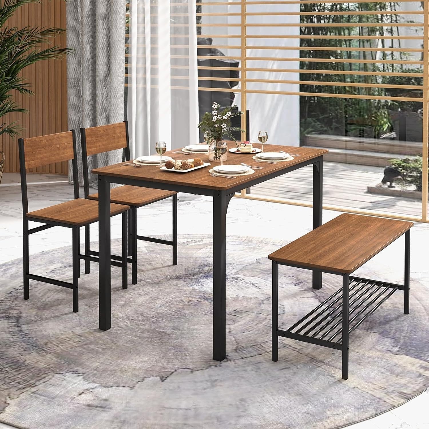 Teak Brown Industrial Dining Set with Bench & Storage Shelf – Seats 4