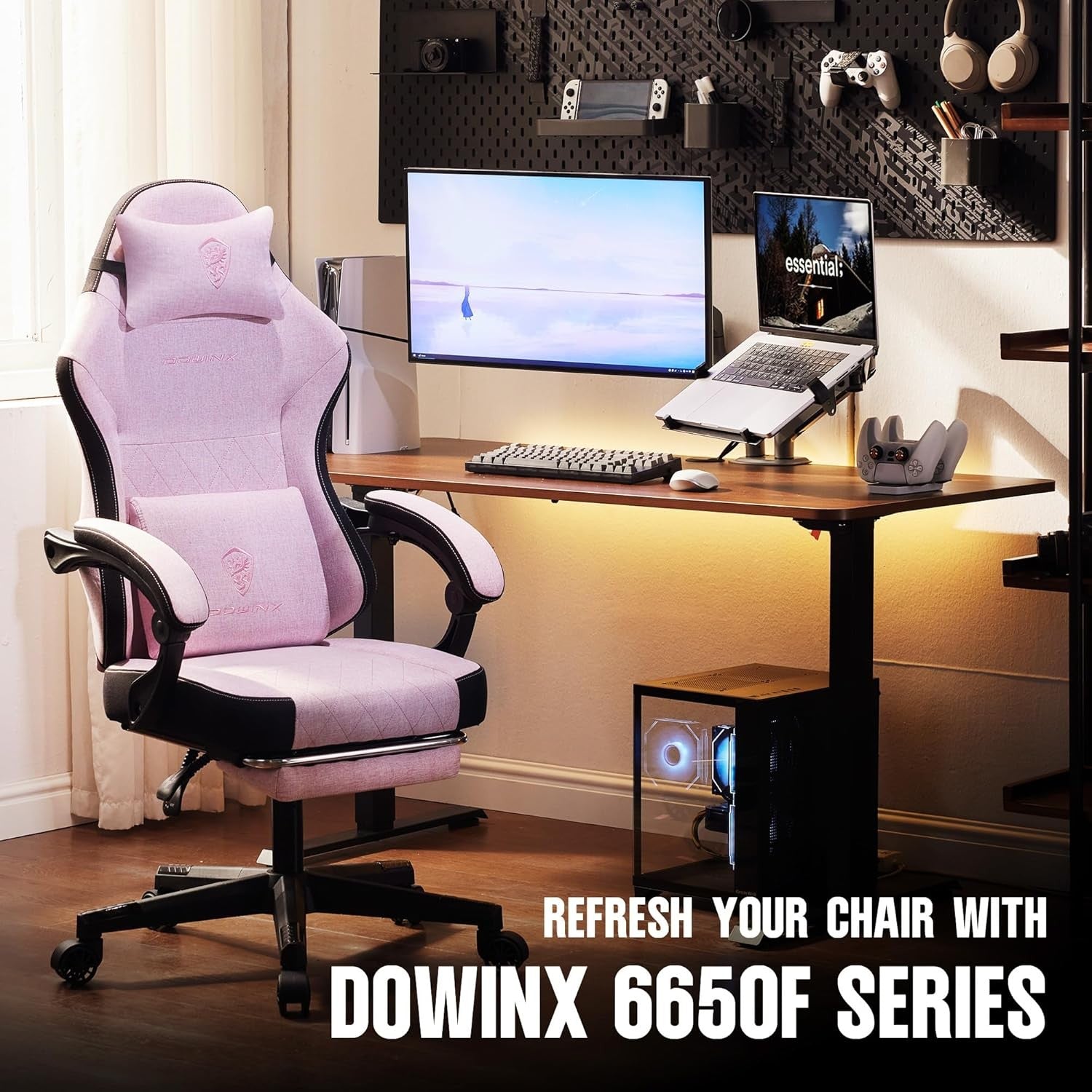 Gaming Chair w/ Footrest Pocket Spring Cushion Massage Pink