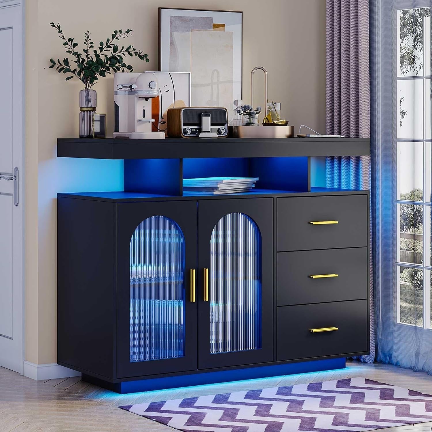 LED Sideboard Buffet with Wireless Charging, RGB Lights & USB Storage