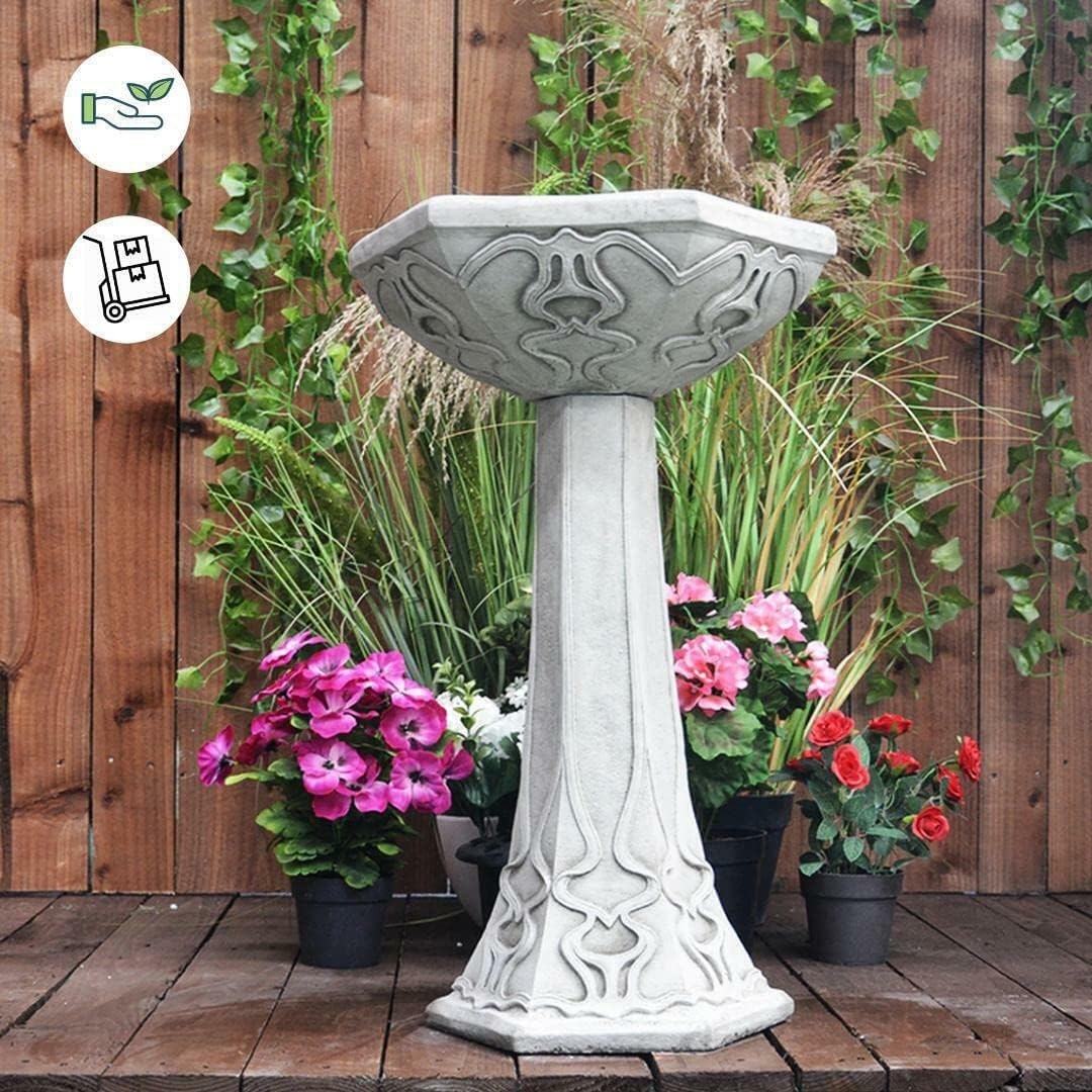 Tall Stone Bird Bath 27kg | Art Deco Garden Ornament Hand Cast Sculpture