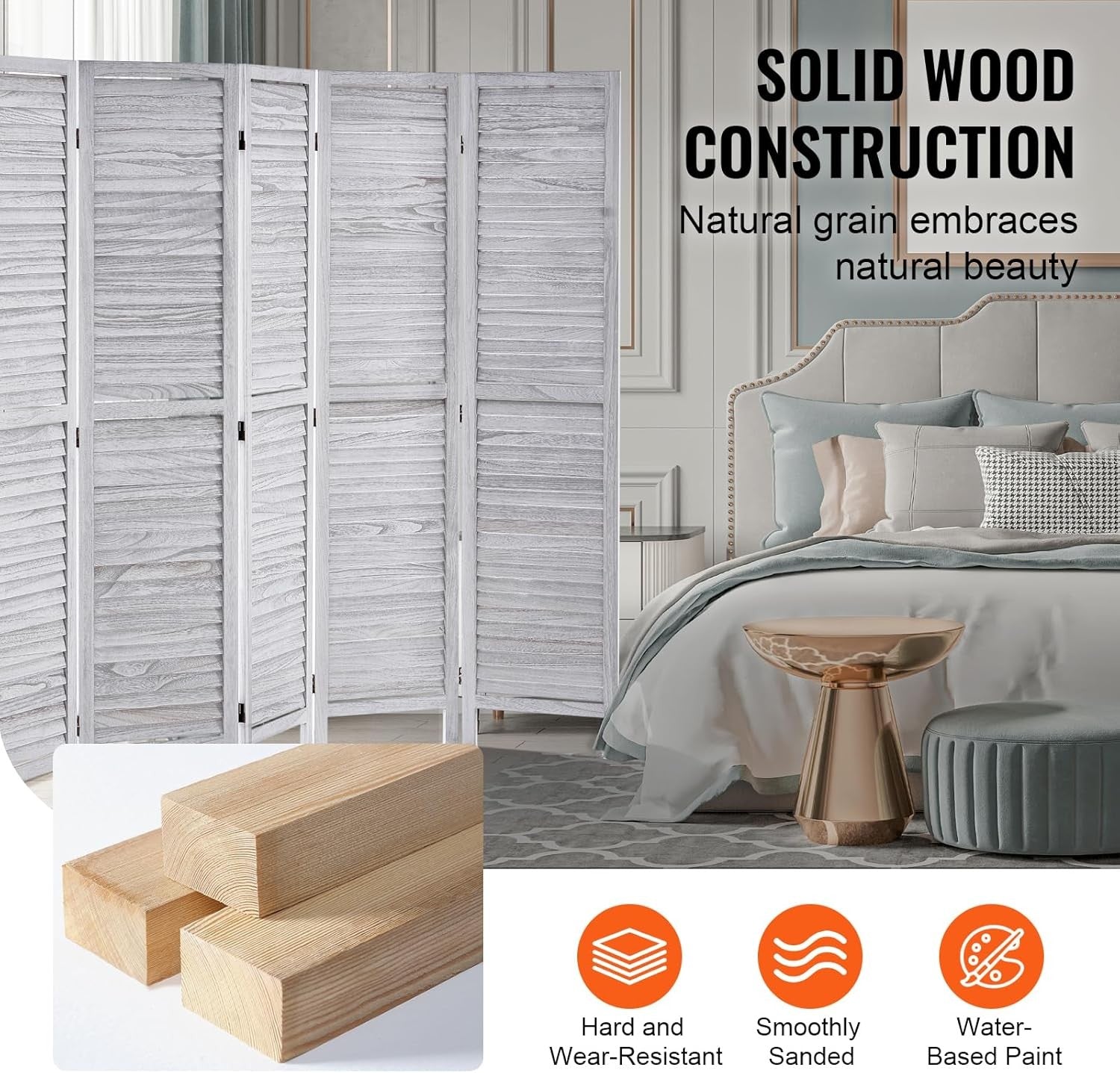 6 Panel Wooden Folding Room Divider Light Grey Privacy Screen 242x170cm