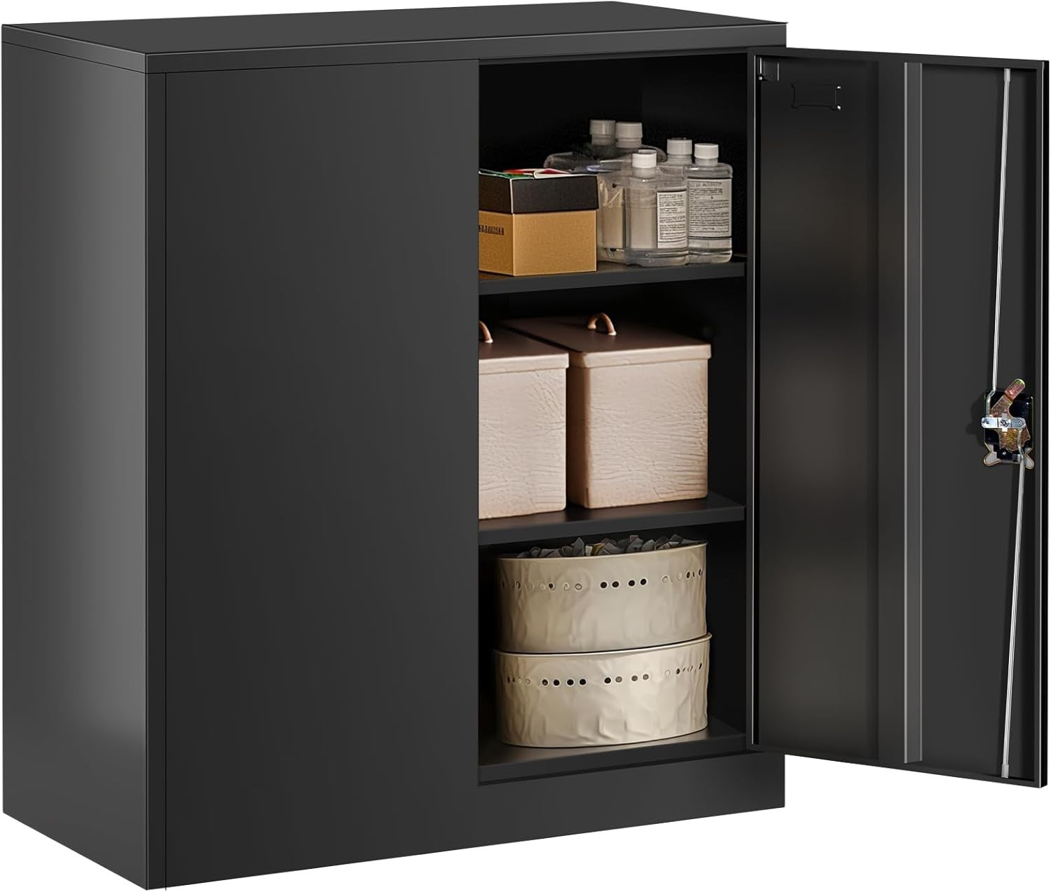 Metal Storage Cabinet Black Lockable Cupboard 2 Door Adjustable Shelves 90cm