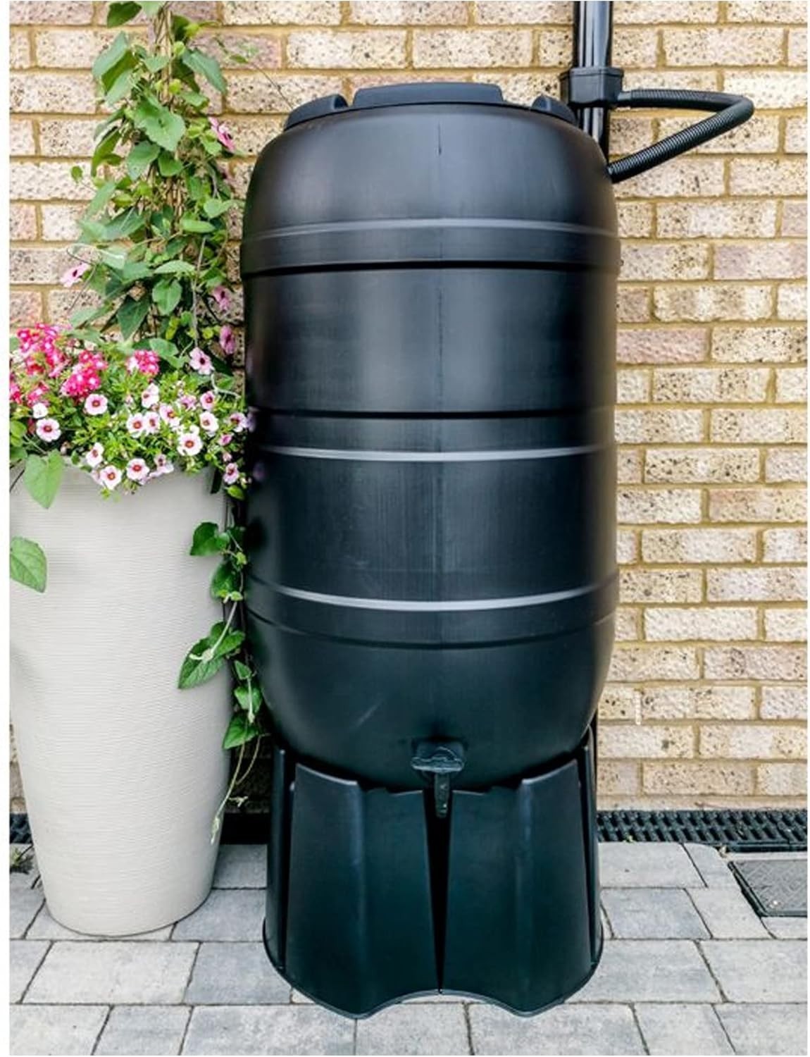 100L Outdoor Slim Line Rainwater Butt With Tap Stand & Lid Black NEW