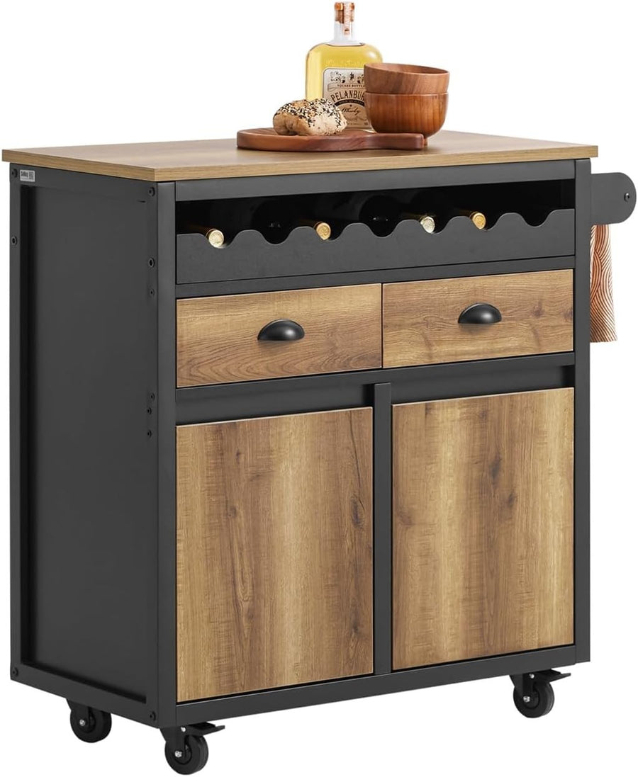 Vintage Brown Kitchen Trolley with Wine Rack, Drawers & Mobile Storage Cabinet