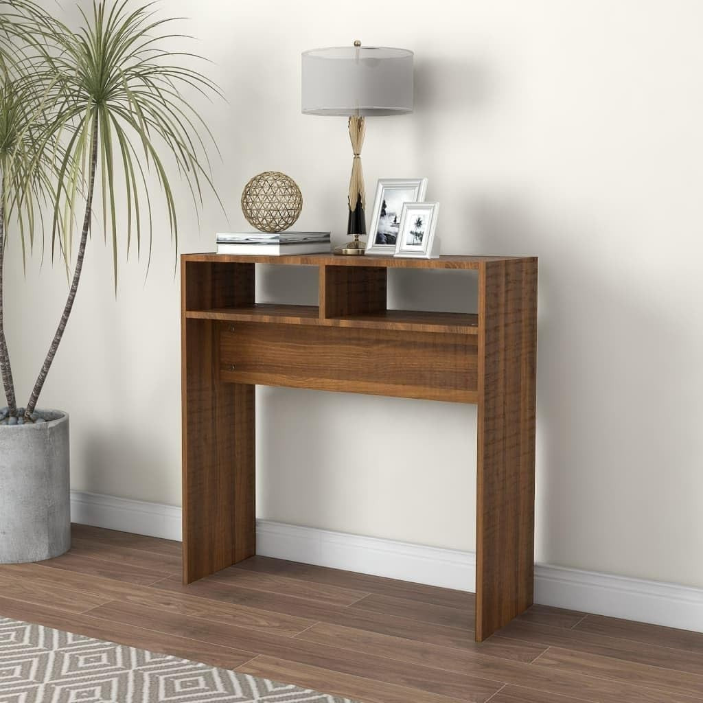 Compact Modern Console Table with Storage, Brown Oak, 105x30x80cm