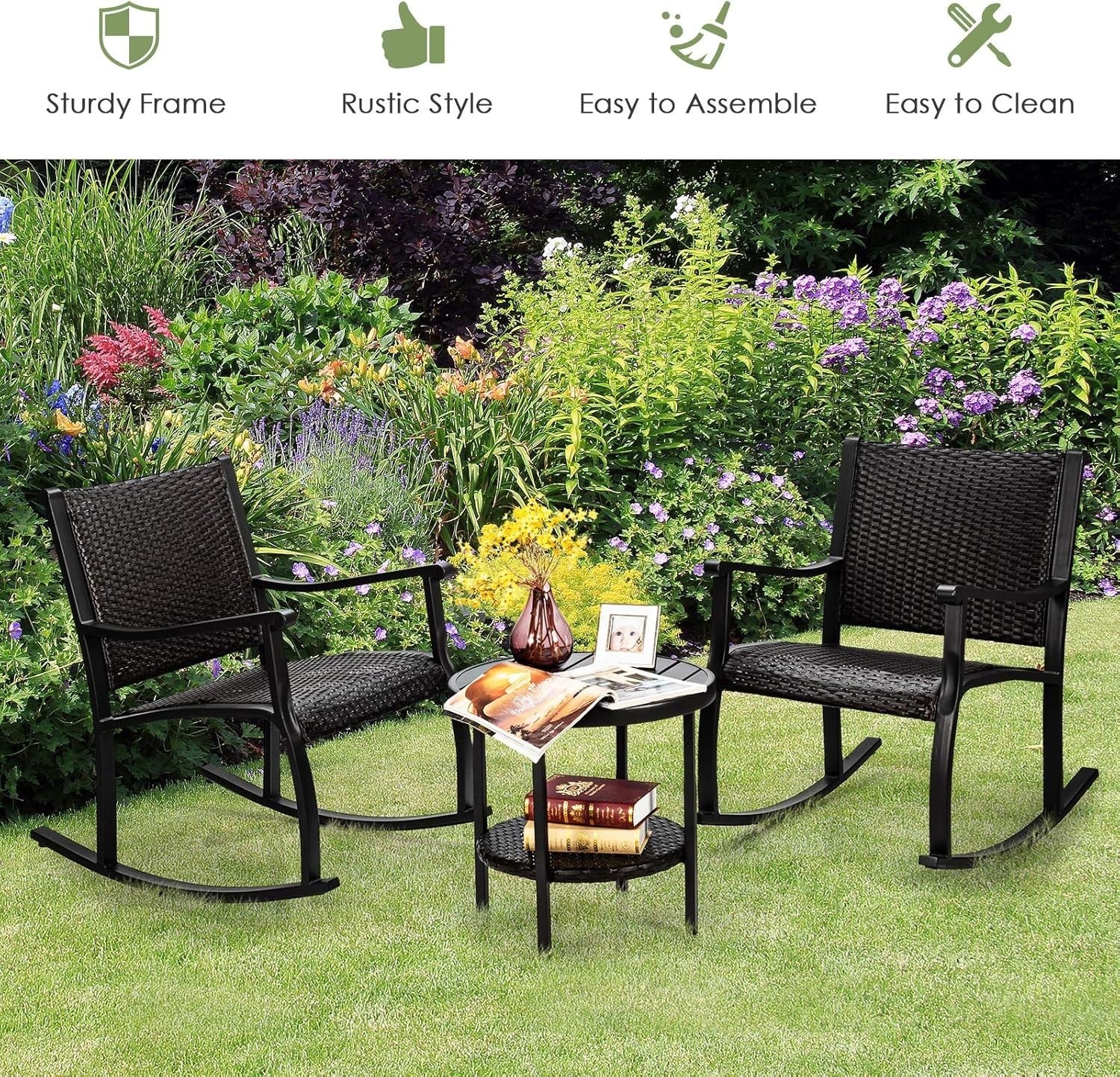 Outdoor 3-Piece Rocking Chair Set with Coffee Table – Patio Relaxation & Storage