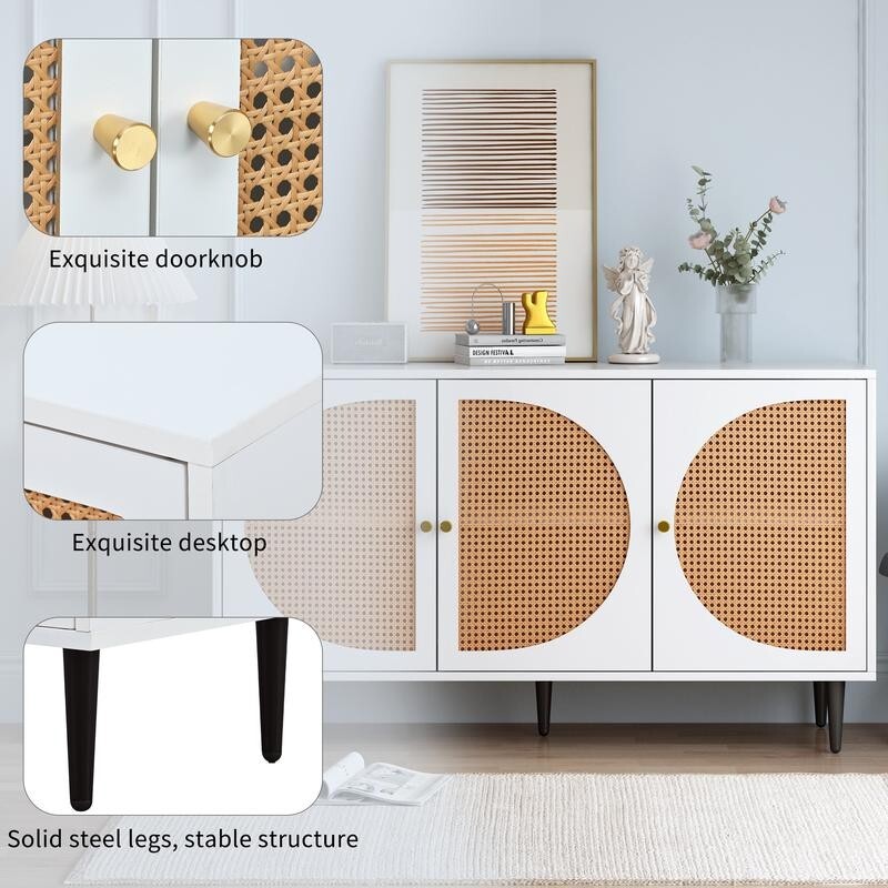White Rattan Sideboard Cabinet 3 Door Storage Unit Adjustable Shelf Modern