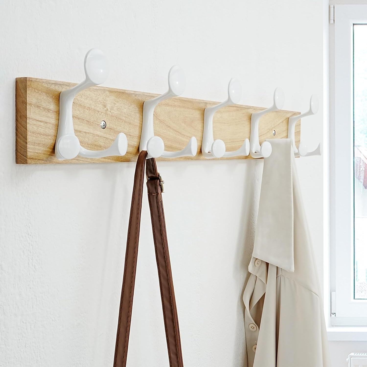 Natural Wood Wall Coat Rack 5 Triple Hooks | 61cm Modern Hanging Rail
