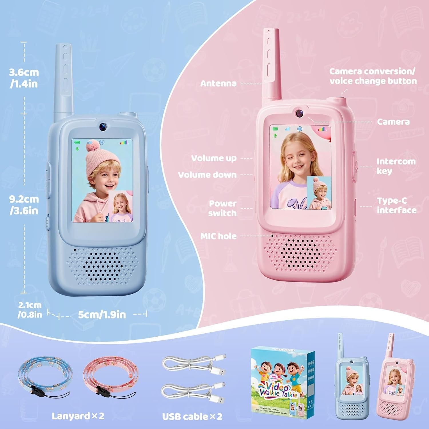 Kids Video Walkie Talkies 2 Pack Rechargeable Voice Changer Toy Gift