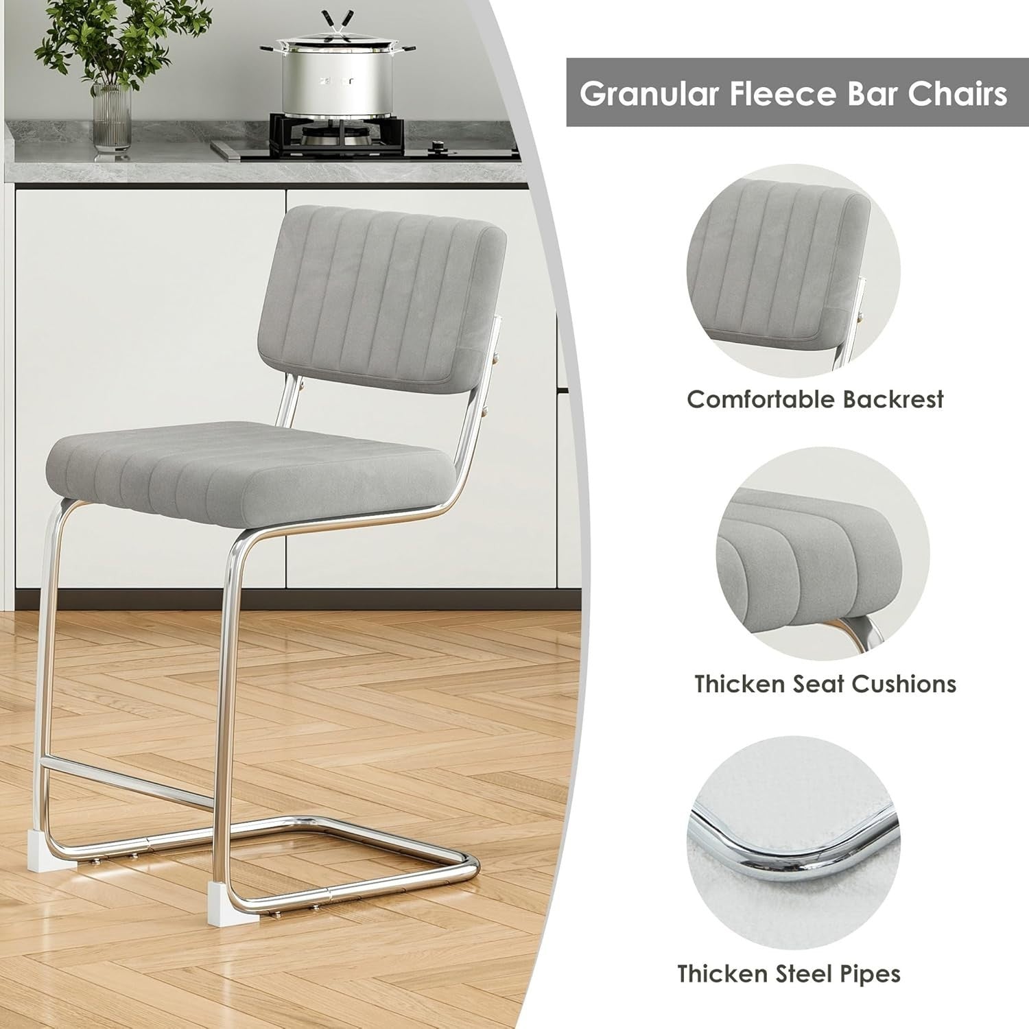 Modern Bar Stools 2pcs Grey Faux Leather 27in Counter Kitchen Chairs