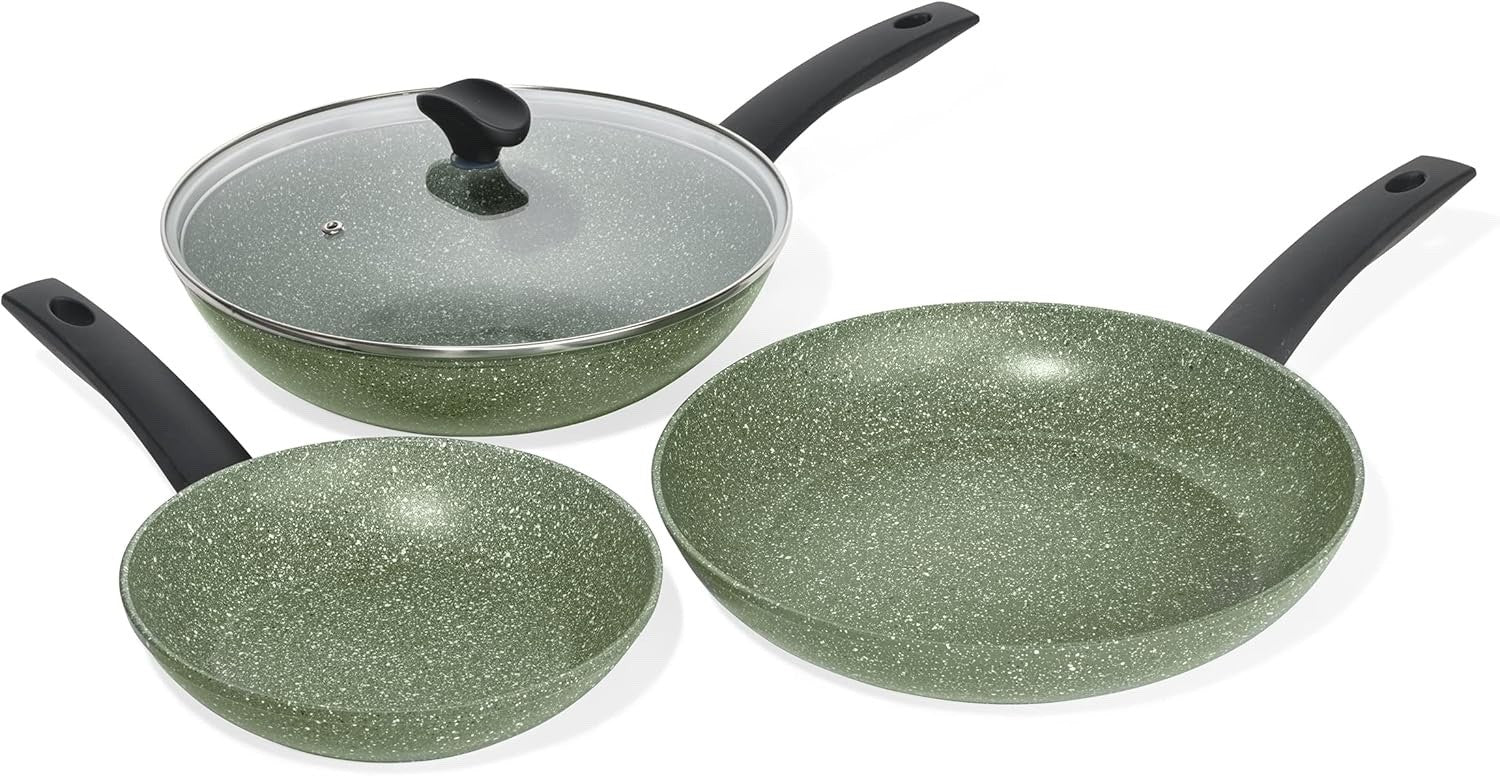 3pcs Green Eco Non Stick Frying Pan Set Induction Compatible Dishwasher Safe