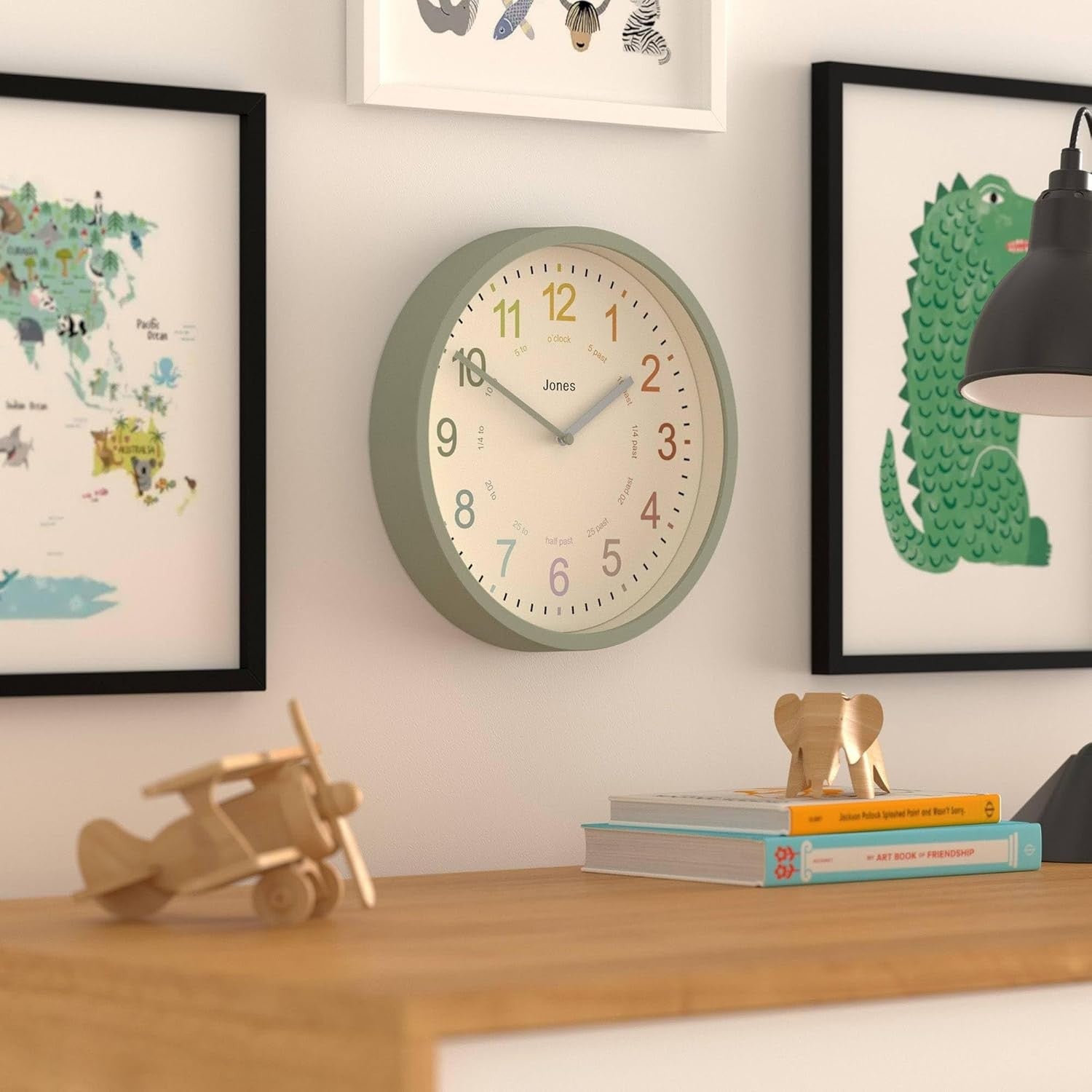25cm Kids Wall Clock – Silent Non-Ticking Sage Green Colourful Numbers Learn Tim