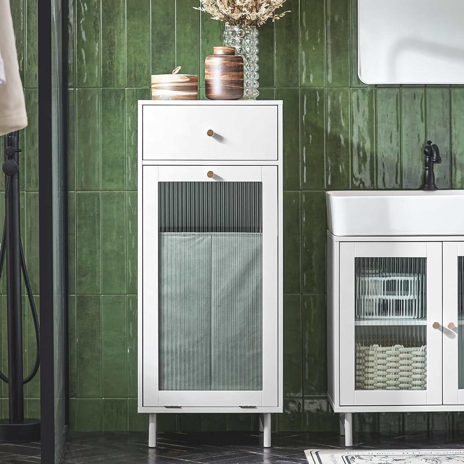 White Laundry Cabinet with Glass Door Drawer Tilt-Out Basket Slim Bathroom Unit