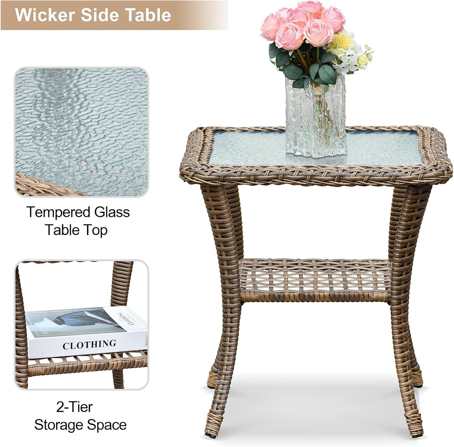Outdoor 3-Piece Rattan Rocking Chair Set with Tempered Glass Coffee Table