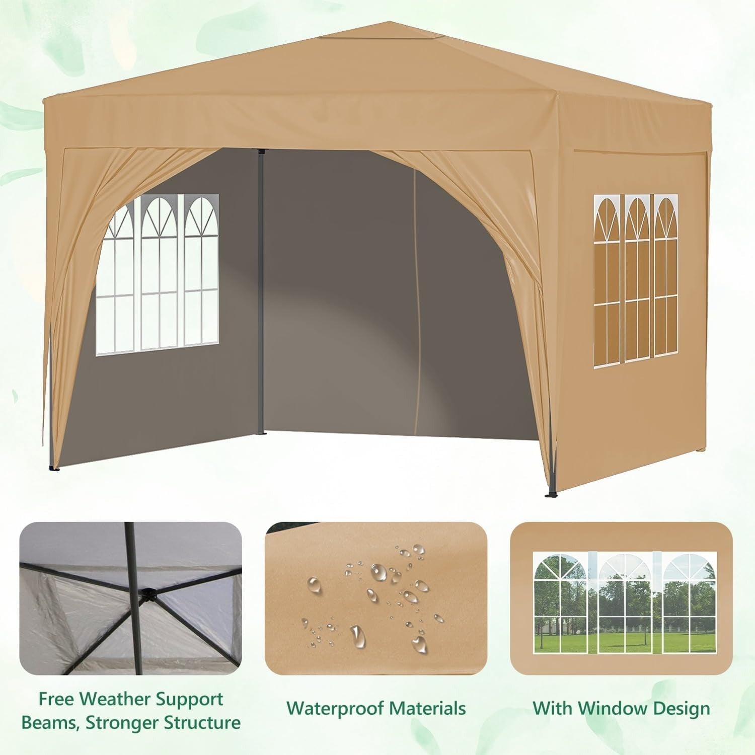 3x3M Beige Pop Up Gazebo With Sides Waterproof Garden Party Tent Steel Frame
