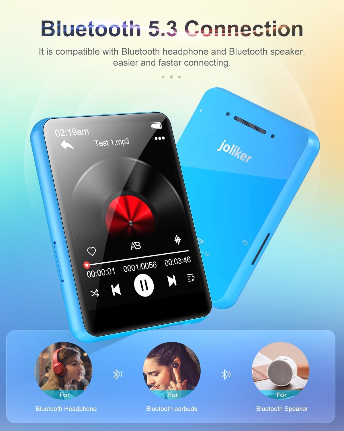 64GB MP3 Player Bluetooth 5.3 2.4" Touch Screen FM Speaker