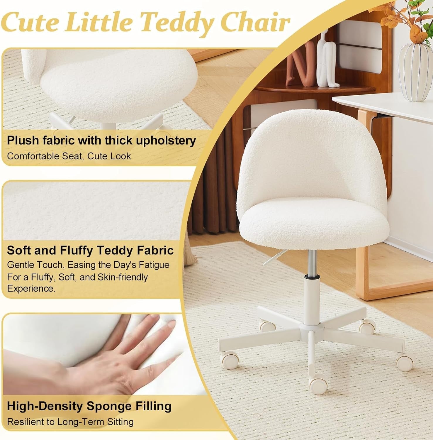 Velvet Vanity Desk Chair with Back Support – Cute Small Office Chair White