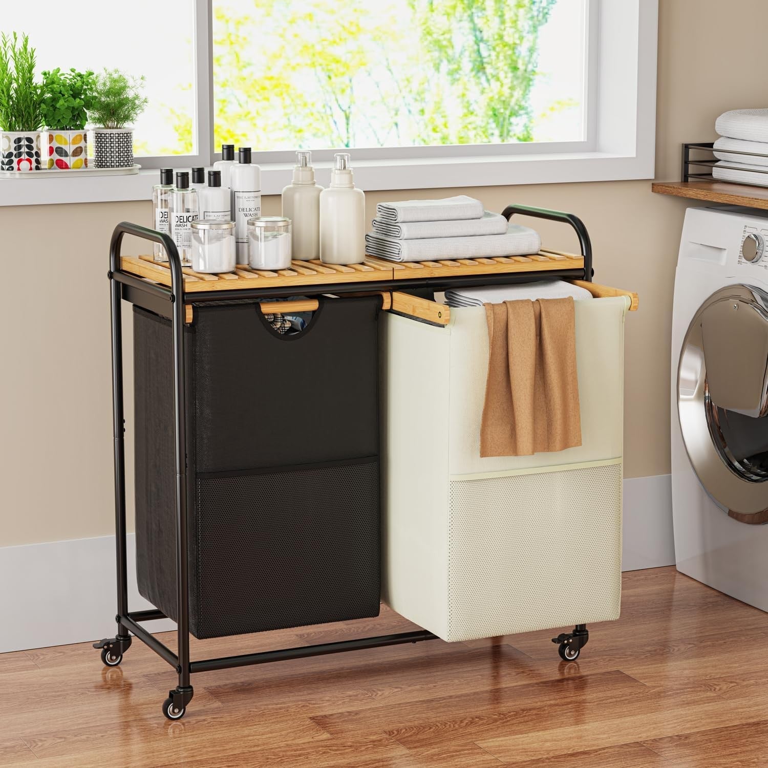 2-Section Laundry Sorter with Bamboo Shelf, Pull-Out 50L Bags & Wheels – Space S