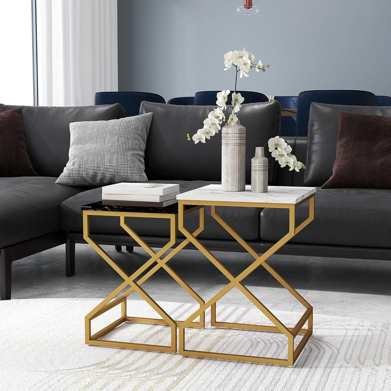 2-Piece Nesting Side Tables Set Black White Living Room End Coffee Bedside