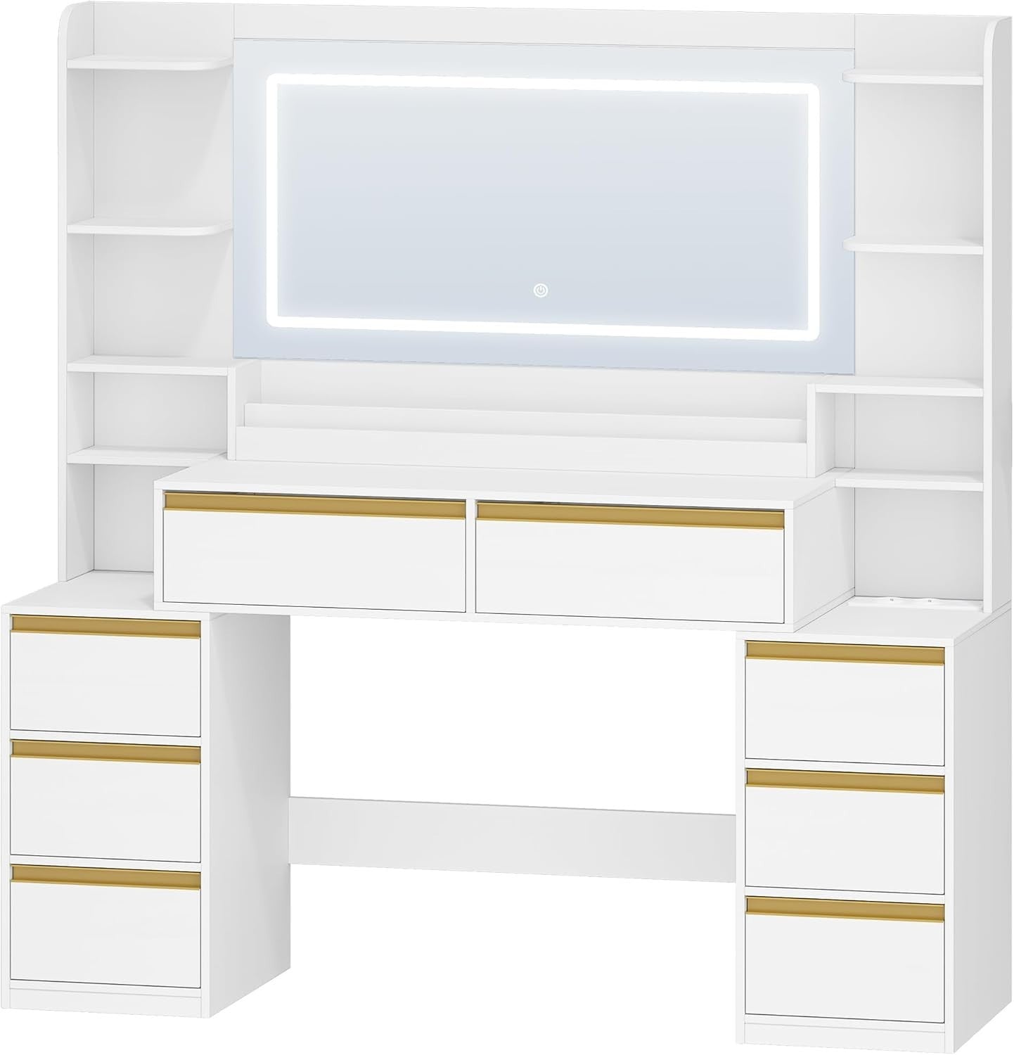 Large Black Vanity Desk w/LED Mirror 7 Drawers Open Storage Modern Dresser