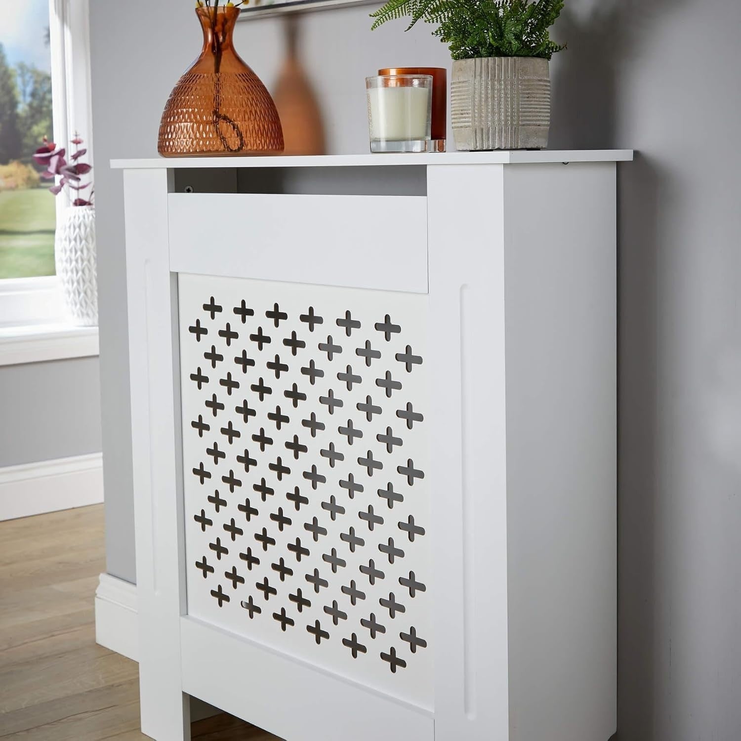 White Radiator Cover Small 78cm Wooden Cabinet with Decorative Grill & Shelf