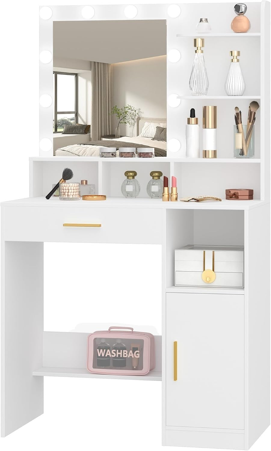 White Vanity Dressing Table Set with 10 Adjustable LED Lights Mirror Storage
