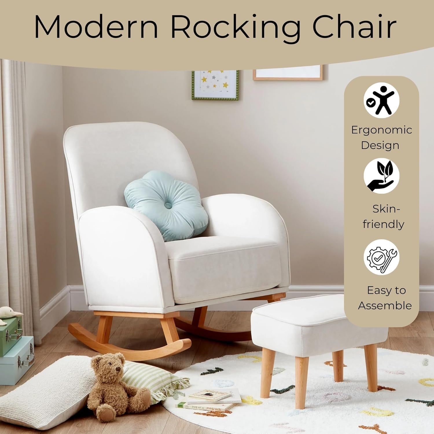 Cream Nursery Rocking Chair w/ Footstool – Plush Comfort for Baby Room