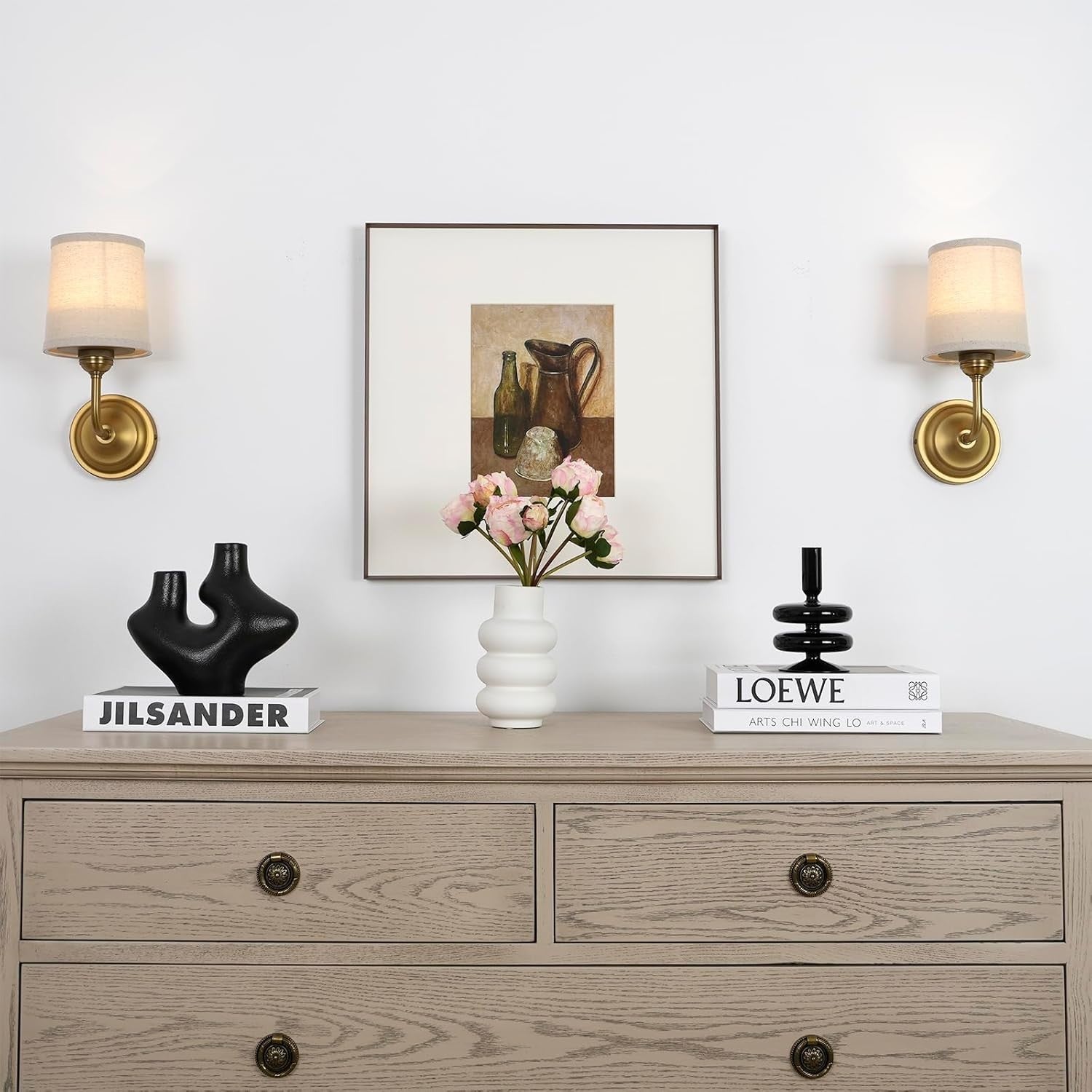 Vintage Wall Sconce Light Set 2x Battery Operated Dimmable Linen Lamps