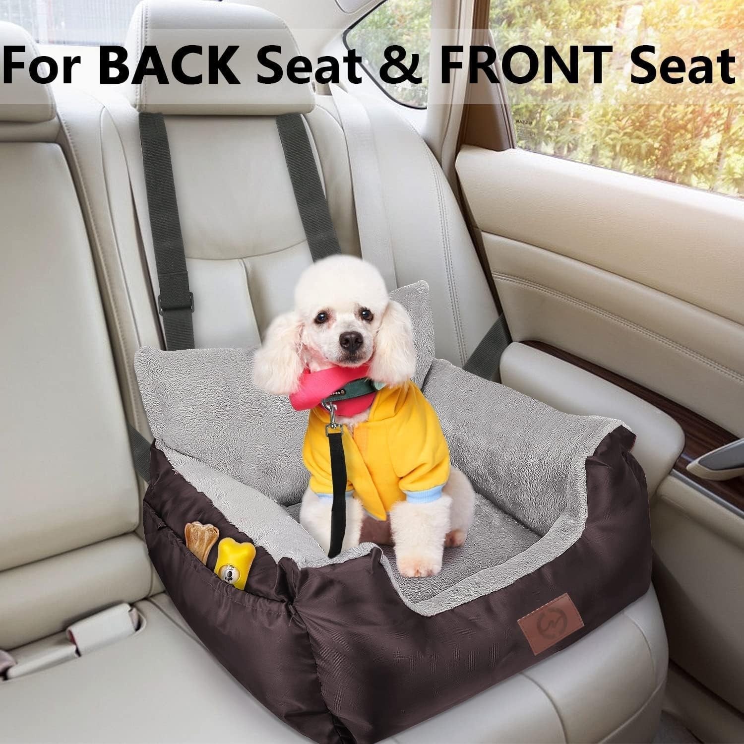 Waterproof Dog Car Booster Seat Plush Travel Bed Safety Leash Brown