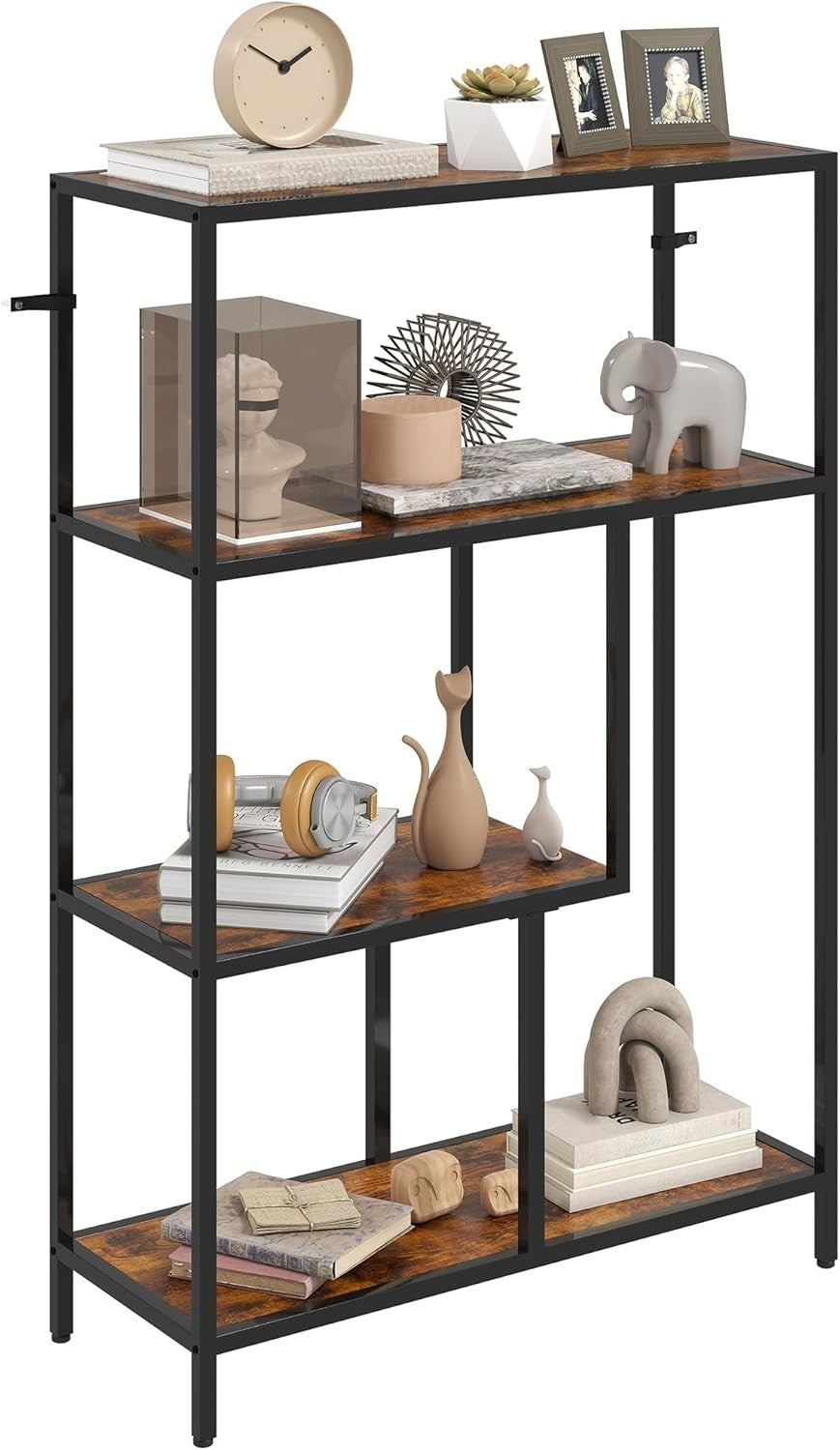 4 Tier Industrial Bookcase Rustic Brown Metal Frame Freestanding Shelf 116cm