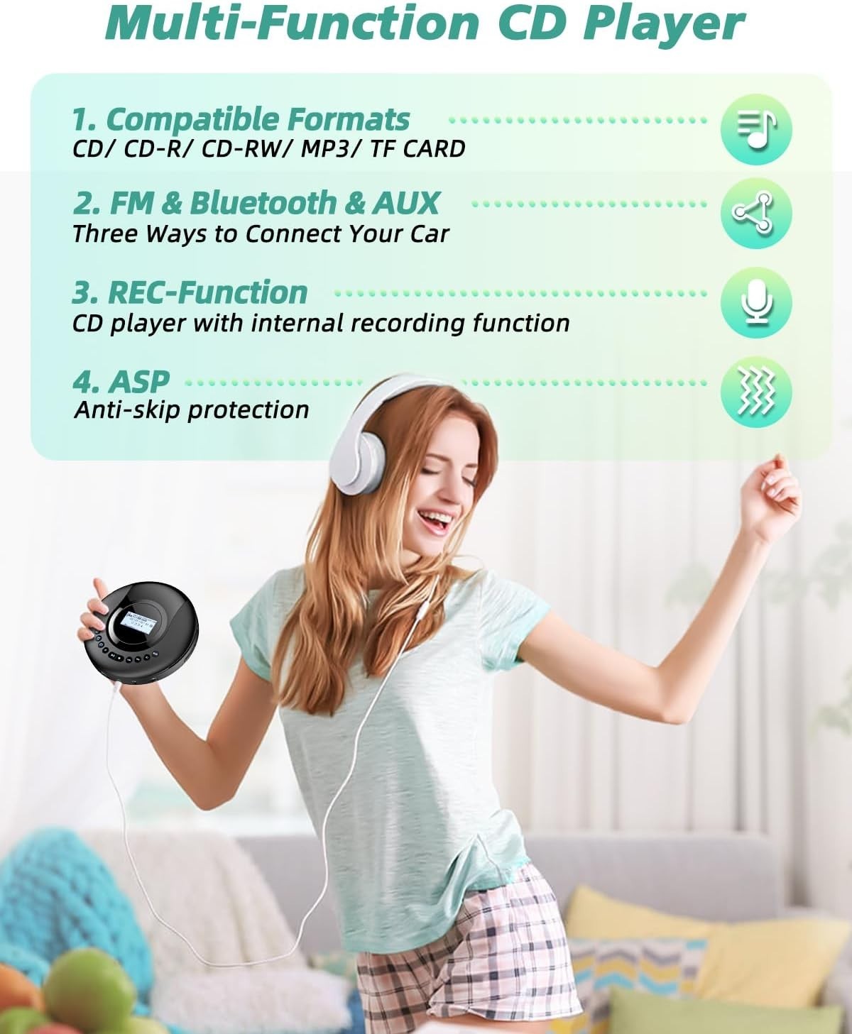 Portable CD Player DAB+ FM Bluetooth 5.2 Discman 2000mAh Rechargeable