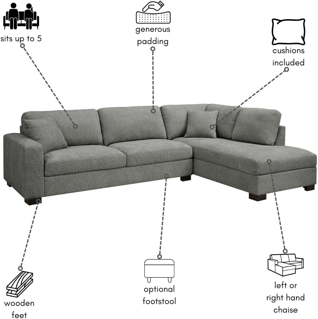 Grey Chenille Corner Sofa – 5 Seater Right Hand L Shape Couch w/ Footstool