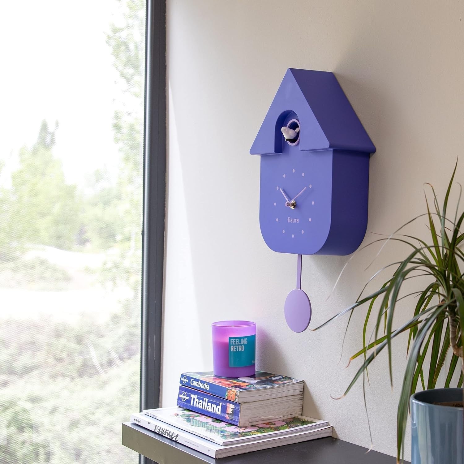 Purple Cuckoo Wall Clock Silent Bird Chime Modern Decor for Kids Bedroom