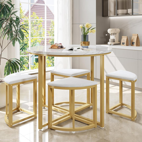 Luxury Gold Dining Table Set 4 Velvet Chairs Round White Modern Compact