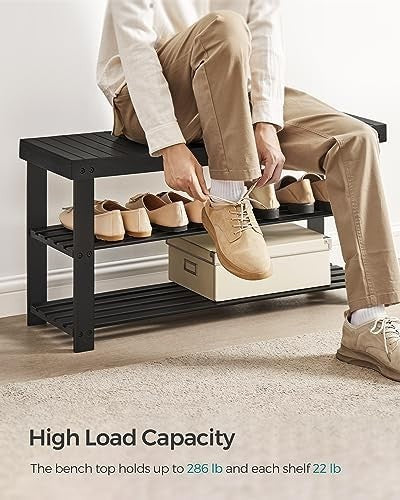 Black Bamboo 3-Tier Shoe Bench | Entryway, Hallway & Bedroom Organizer