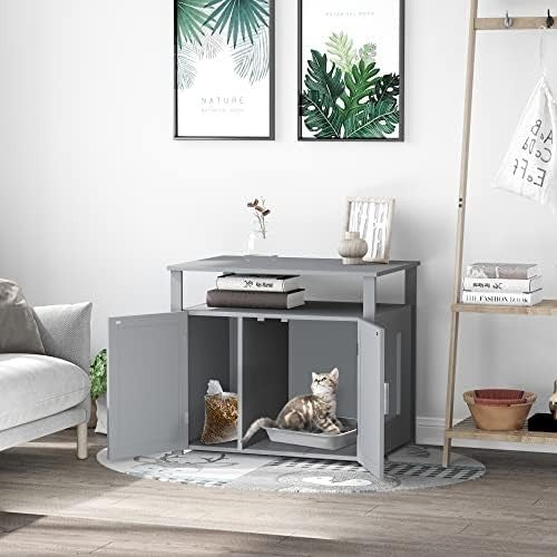 Modern Cat Litter Box Cabinet with Shelves & Hidden Compartment, Grey