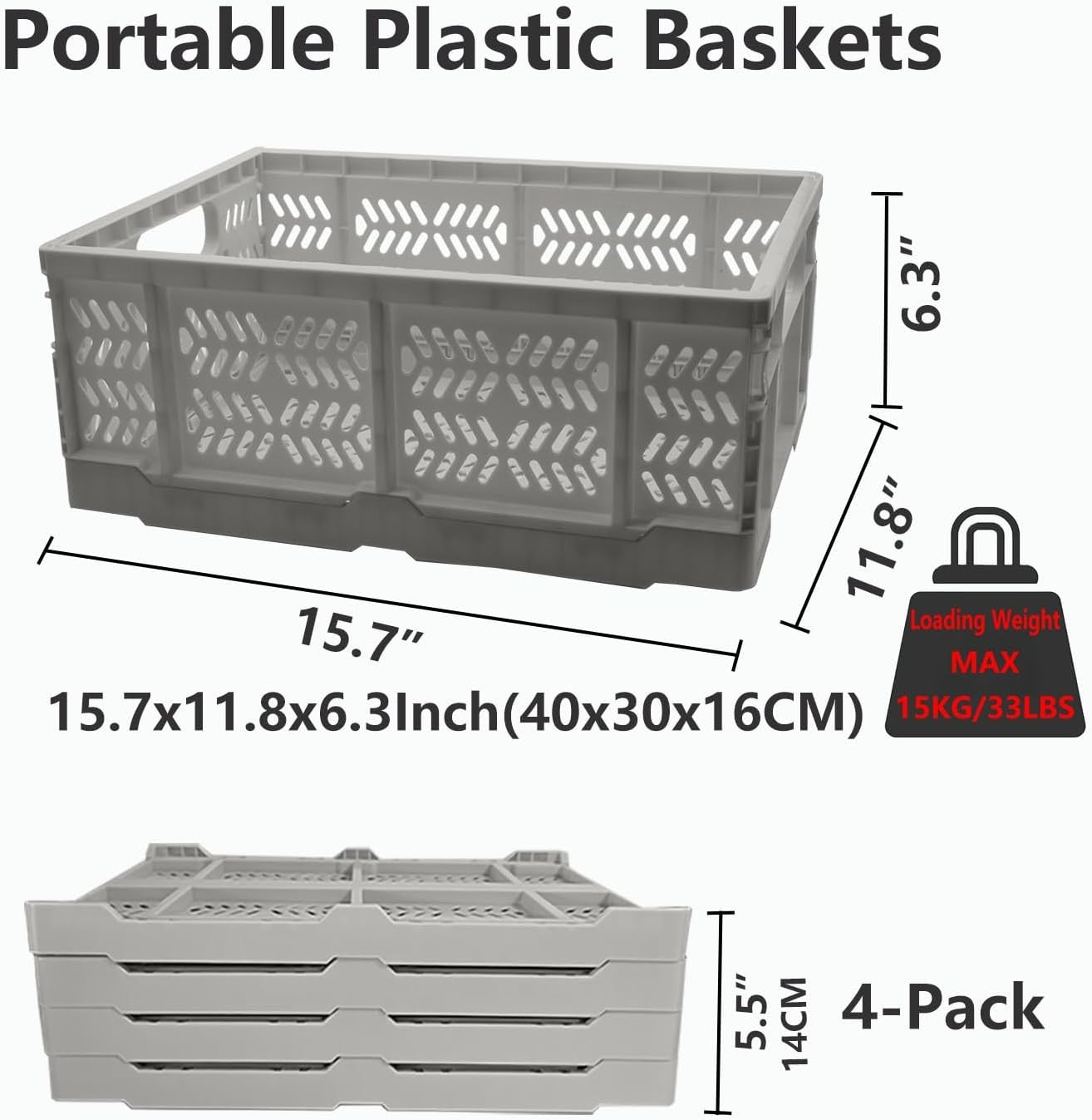 4 Pack 20L Foldable Storage Crates Stackable PP Boxes Grey