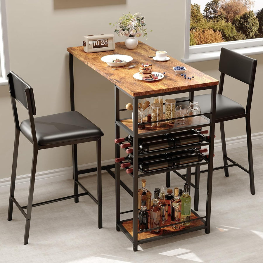 3-Piece Breakfast Bar Table Set with Storage & 2 Upholstered Chairs – Brown