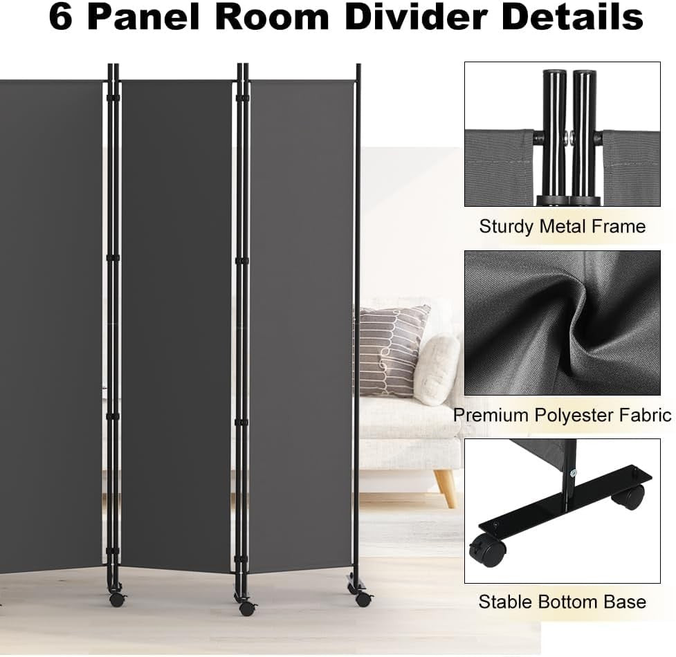 6 Panel Room Divider Folding Privacy Screen with Lockable Wheels – Large Grey Po