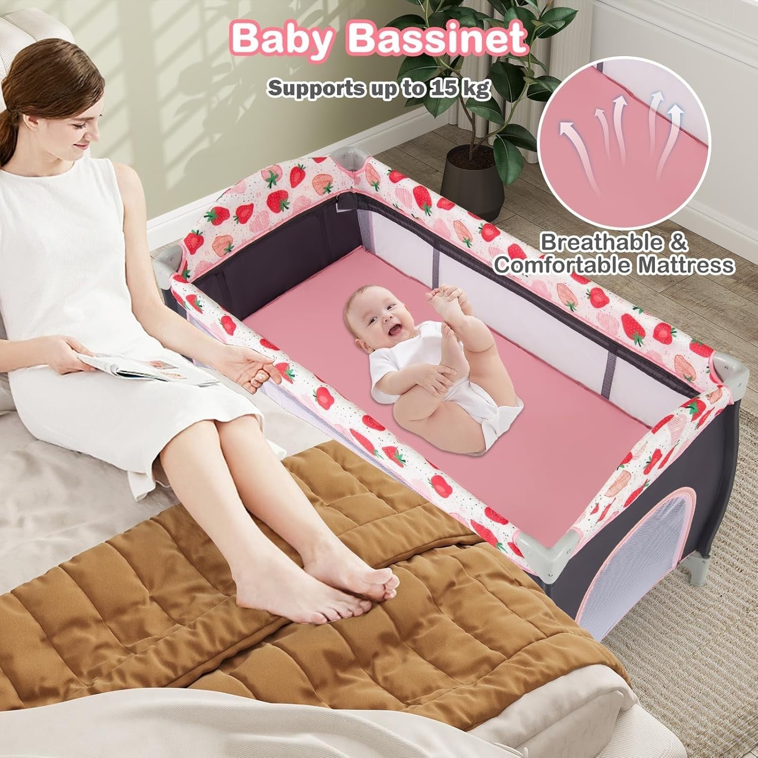 4in1 Travel Cot Baby Bedside Foldable Crib Portable Playard Strawberry Pink