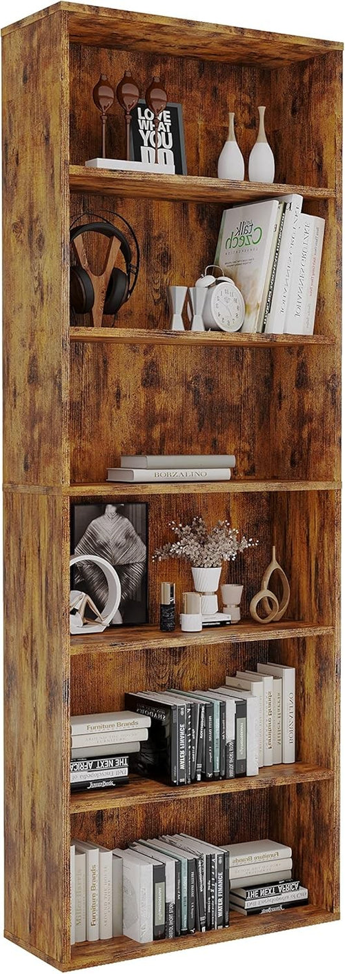 6-Tier Tall Wooden Bookcase Rustic Brown Large Storage Shelf Unit Home Office