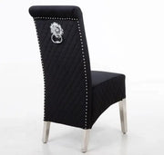 Pair Black Velvet Dining Chairs Lion Knocker Chrome Legs Quilted Back