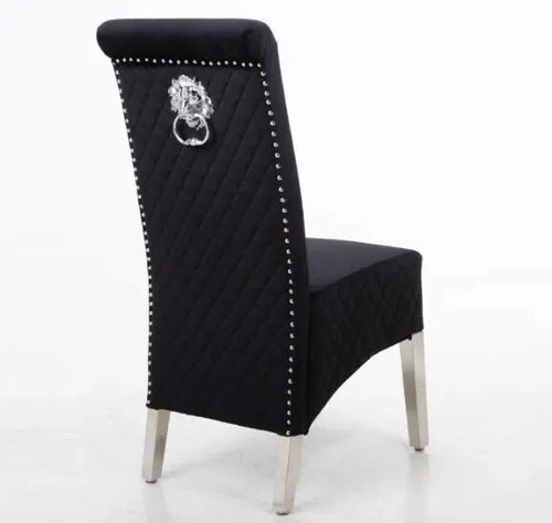 Pair Black Velvet Dining Chairs Lion Knocker Chrome Legs Quilted Back